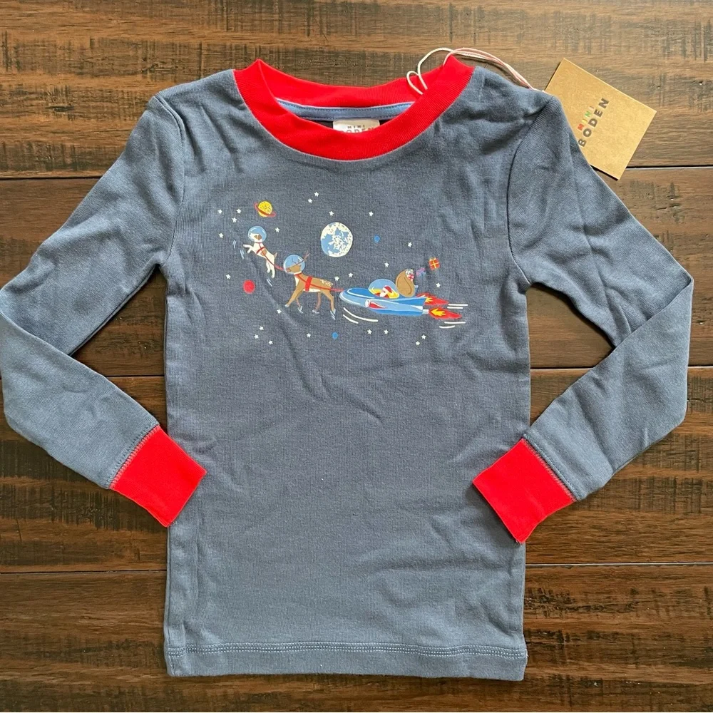 Mini Boden Blue Space Santa Long John Pajama Set NWT